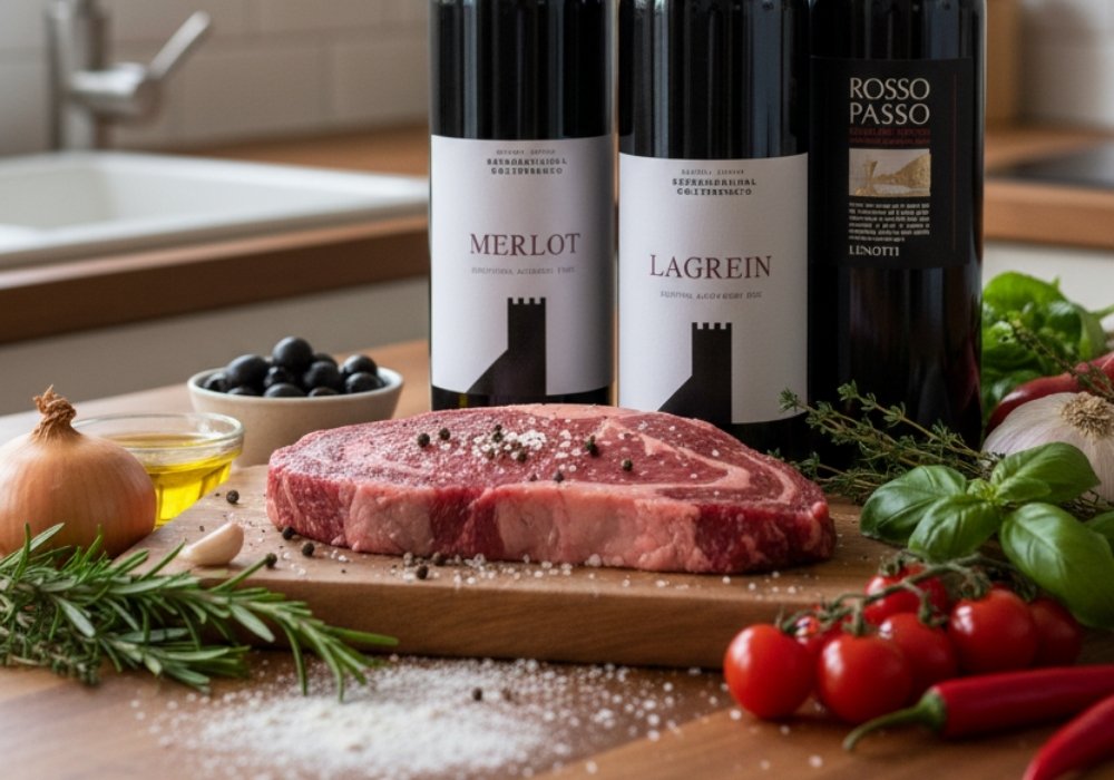 verschiedene Rotwein zum Kochen auf Tisch